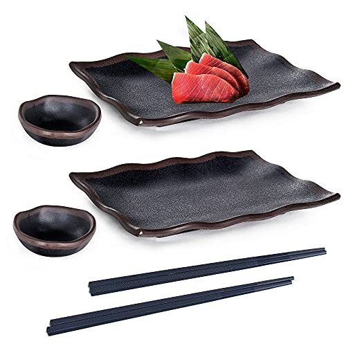 Hinomaru Collection 6-teiliges Sushi-Geschirr-Set aus Melamin, Sushi-Teller, Soßenschüssel und Essstäbchen, Geschirr-Set für zwei Tenmoku, Mattschwarz Cover