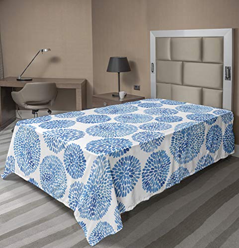 Ambesonne Watercolor Flat Sheet, Japanese Flower Circle Petal Pattern Spring Inspired Hand Drawn Eastern, Soft Comfortable Top Sheet Decorative Bedding 1 Piece, TwinXL Size, Sky Blue