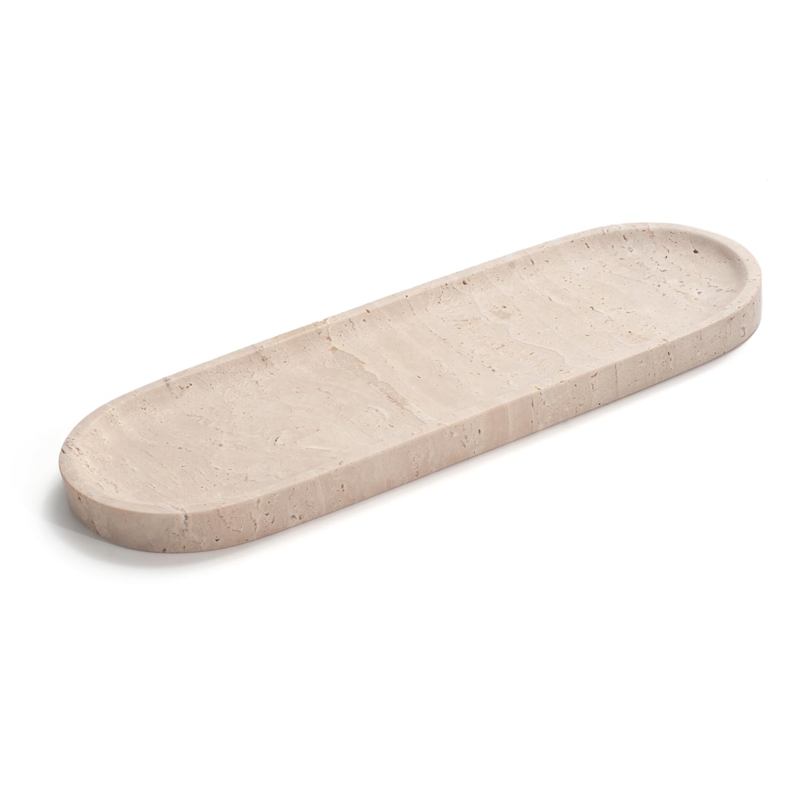 Bandeja ovalada de piedra de travertino para joyas, velas, perfumes, bandeja decorativa de baño de mármol para organizador de encimera, 30 cm x 15 cm x 1,8 cm