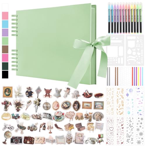 DazSpirit 80 Páginas Album Fotos para Pegar y Escribir, DIY Album de Fotos de Tapa Dura, Scrapbook con 12 Rotuladores y Adhesivos, Regalo para Aniversario, Cumpleaños, Viajes, Amigos, Bebé, Verde