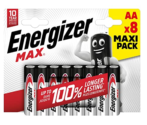 Energizer   Max, Pack de 8 Pilas AA 1,5V, Más Potencia y Larga duración para Uso Cotidiano, sin sulfataciones y con 10 años de vida útil