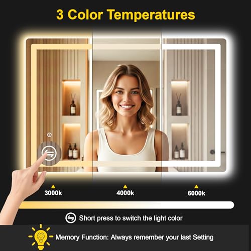 Image of LED Bathroom Mirror with Lights, 30 inchx45 inch Lighted Vanity Mirror for Wall | Anti-Fog, Dimmable 3 Color Light, Backlit+Frontlit, Shatterproof Tempered Glass, Memory Function