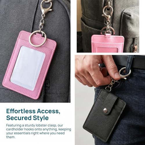 Image of 2 Pack Slim Credit Card Holder Back /Front Pocket Purse Wallets, Faux Leather ID Badge Holders for Carrying Keys, Metro Cards, with Metal Clasps&Key Rings (Black, pink)