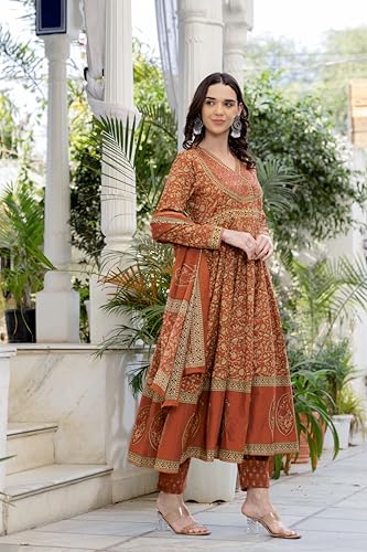 Image of Pistaa's Women's Pure Cotton Anarkali Floral Printed Hand Work Kurta with Pant & Dupatta Set