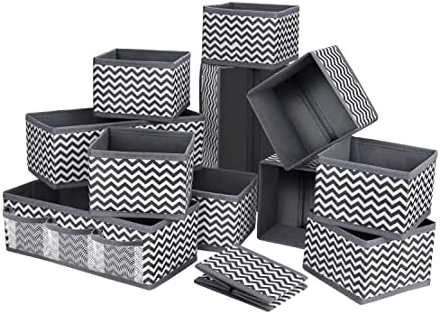 DIMJ 12 PCS Dresser Drawer Organiser Fabric Storage Box Foldable Wardrobe Storage Organiser Drawer Dividers Storage Cubes for Socks, Underwear, Ties, Scarves, Cosmetics (Beige)