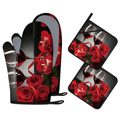 Red Wine Rose Candle Oven Mitts and Pot Holders Sets of 4 Silicone Oven Mitts Gloves Heat Resistant Non-Slip Grip Kitchen Mittens Potholders for Cooking Baking Grilling BBQ (Red)