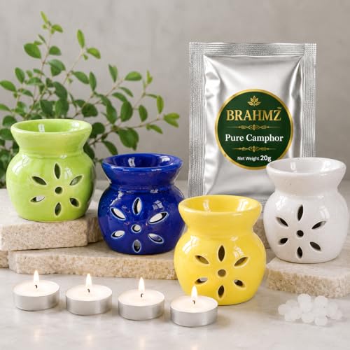 Image of BRAHMZ Ceramic Oil Burner Set of 4 with 20gm Bhimseni Camphor - Aroma Oil Diffuser for Essential Oils, Aromatherapy, Home Fragrance, Meditation, Spa, Yoga & Gifting (with Bhimseni Camphor)