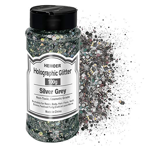 HEMOER Purpurina Gruesa Holográfico, Gris Plateado 100g de purpurina de lentejuelas gruesas para rostro, cuerpo, ojos, cabello, uñas, festival de lentejuelas en forma de hexágono de 3,52 oz/botella