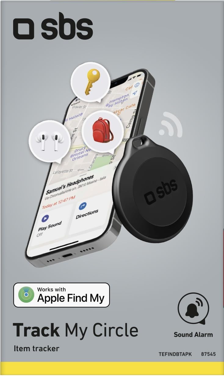 SBS Track My Circle - Lokalizator kluczy i przedmiotów kompatybilny z Apple Localizer (Find My), alarm 100 DB, gotowy do użycia z dołączonym akumulatorem CR2032, wodoodporny IP65, z otworem na klucze