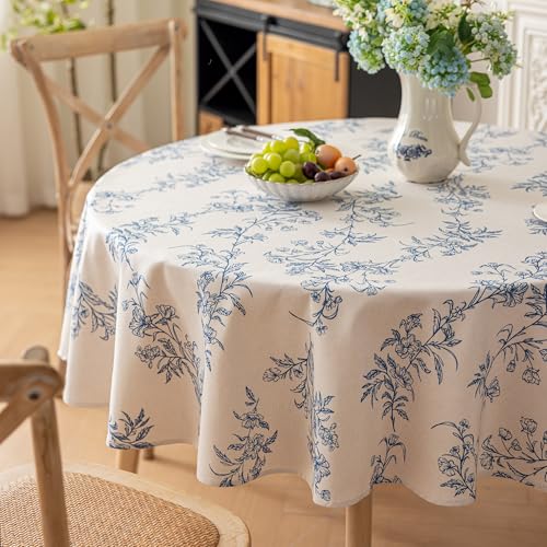 Yeahshion Nappe Ronde Anti-Tache Fleur Bleue Φ180cm, Nappe Imperméable Imprimée en Polyester...