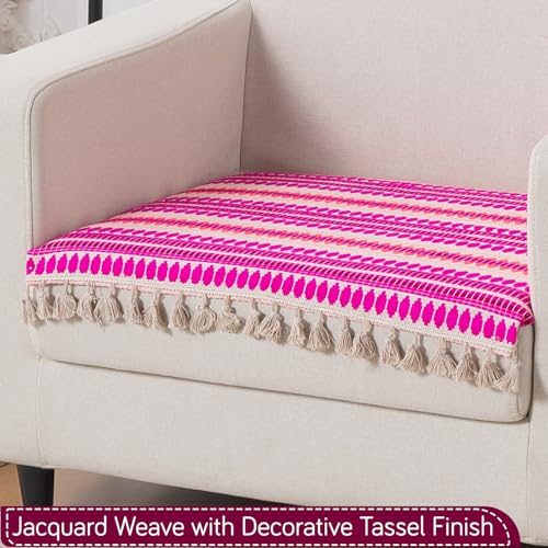 Image of HOKIPO 'Artisan Boho Series' Sofa Cover Mat with Tassel | 450 GSM Cotton Acrylic Jacquard for 1 Seater Sofa, Fuchsia Pink (IN-901-A5*S)