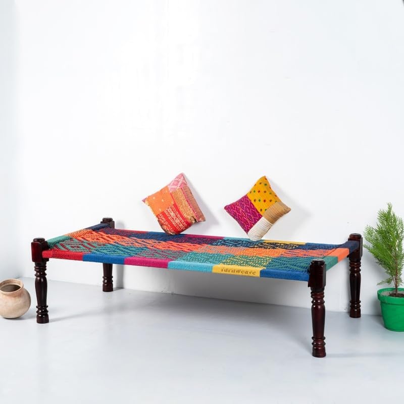 Image of Solid Sheesham Wood Charpai Khat | Handcrafted Daybed Khatiya Charpai with Cotton Rope | Traditional Khat Bed Wooden Diwan Cot for Living Room | 6X3 Feet | Colorful 002, Multicolor
