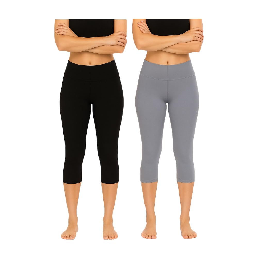 Womens 3/4th Capri Plain Stretchable Cotton Blend Capri for Girls Black, Grey (Pack Of 2)-image-3