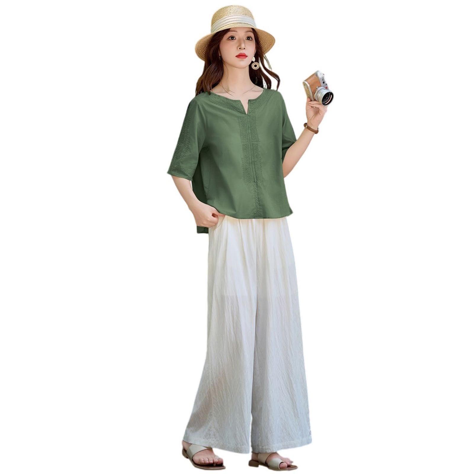 Conjunto de dos piezas de algodón con bordado pantalón palazzo pierna ancha holgado 7