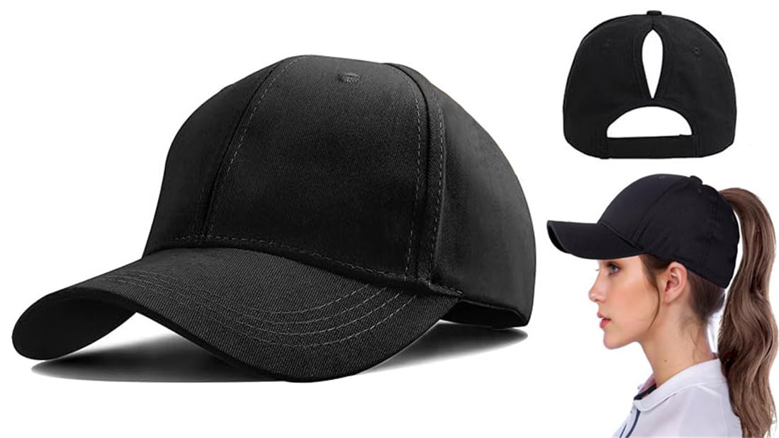 Ponytail Baseball Caps for Women, Cotton Plain Color Adjustable Classic Sports Casual Ponytail Baseball High Bun PonycapsOutdoor Sun Hat with Pony Hole Loop High Pony Cap for Womens, Black