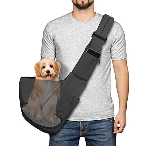 YUDODO Pet Dog Sling Carrier Bag Adjustable Padded Strap Dog Purse Tote Hand Free Safe Mesh Pet Carrier for Small Medium Dog Cat (Grey with Board)