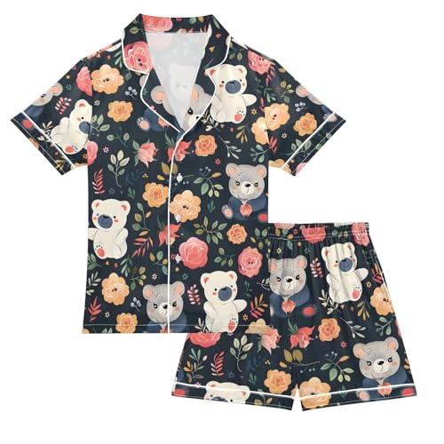 ALAZA Cute Bear Rose Flower on Black Pajamas Satin Pajama Set Short Sleeve Button Down Sleepwear