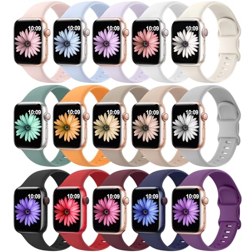 15 Pack Soft Silicone Bands Compatible with Apple Watch Band 40mm 41mm 38mm 45mm 44mm 42mm 46mm 49mm for Women Men,Sport iWatch bands Replacement Strap...