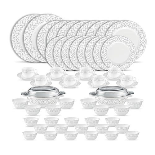Image of La Opala Diva Velvett Collection Opal Glass Crockery | for Family of 8 | Dinner Set 62 pcs Pearl Grey | Plates & Bowls for Dining | Microwave Safe | 100% Vegetarian | Extra Strong | Light & White
