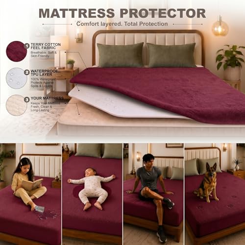 Image of Glassiano Cotton Feel Terry Ultra Soft Waterproof Mattress Protector | Breathable - Hypoallergenic Mattresses Cover with Elastic Strap for Single Bed (84x48 inch|7x4 feet, Maroon - Pack of 1)