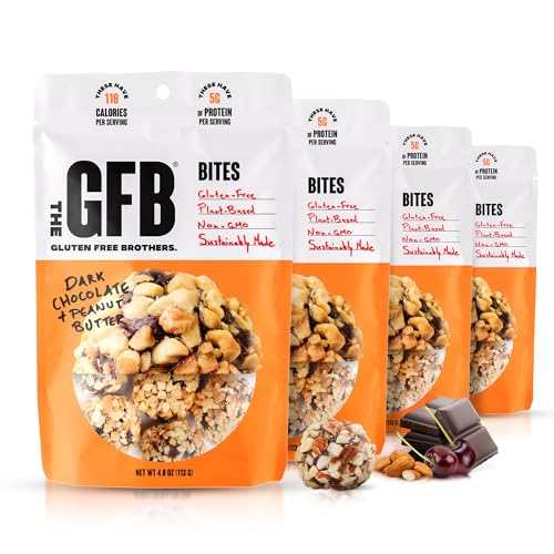 The GFB Dark Chocolate Peanut Butter Protein Bites | Certified Gluten Free Snack Bites | Super Tasty Plant Based Protein Balls | Travel Ready Non-GMO Kosher &amp; Vegan Snacks | Resealable 4oz Bags, 4 Pack