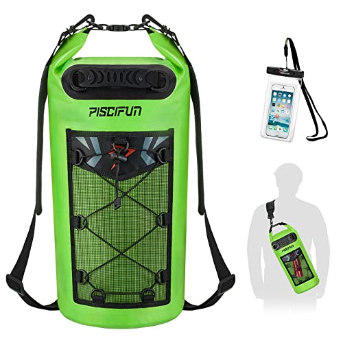 Image of Piscifun Waterproof Dry Bag Backpack 10L Floating Dry Backpack with Waterproof Phone Case for Water Sports - Fishing Boating Kayaking Surfing Rafting Camping Gifts for Men and Women Light Green