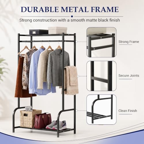 Image of Lukzer Metal Cloth Stand with Bottom Shelf | Freestanding Garment Stand for Hanging Clothes, Towels & Shoes | DIY Storage Organizer Rack for Bedroom, Laundry, Balcony & Entryway (Black /80x150x43 cm)