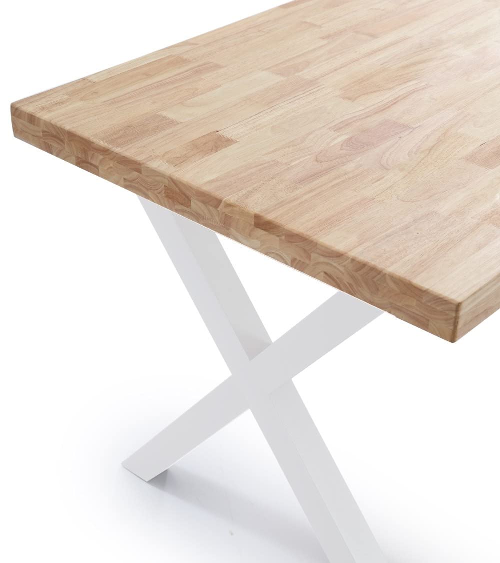 Home Heavenly® - Mesa Comedor Industrial Darek 140 cm. Tabla Madera Maciza Roble Nordish. Patas metálicas Blancas Forma 'X'.