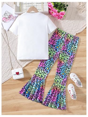 Image of WDIRARA Girl's 2 Piece Outfits Leopard Print Clothing Set Heart Graphic Tee and Flare Bell Bottom Pants