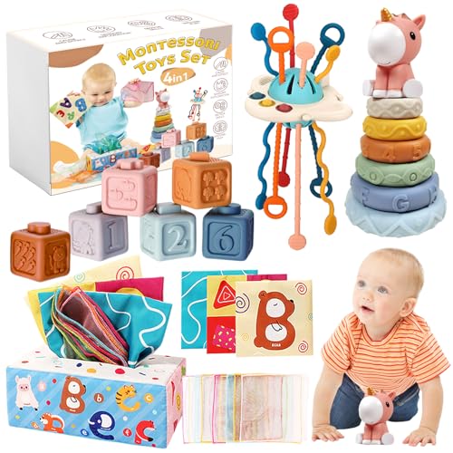 Image of Montessori Toys for Babies 6 to 12 Months, 4 in 1 Baby Toys 6 Months, Soft Stacking Blocks Teething Toys, UFO Pull String Activity Toy, Tissue Box Toy