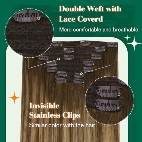 Easyouth Clip in Extensions Real Human Hair Ombre Brown Clips in Human Hair Extension Balayage Brown to Blonde Clip on Real Hair Extensions Natural Looking 20Inch 120g 7Pcs #4/27/4 - Image 2