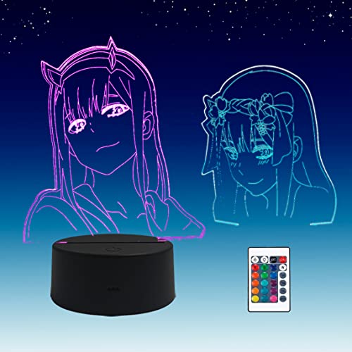 2 in 1,Zero Two, lampada Anime LED 3D illusion, telecomando RGB a 16 colori,luce notturna per ragazze per camera da letto