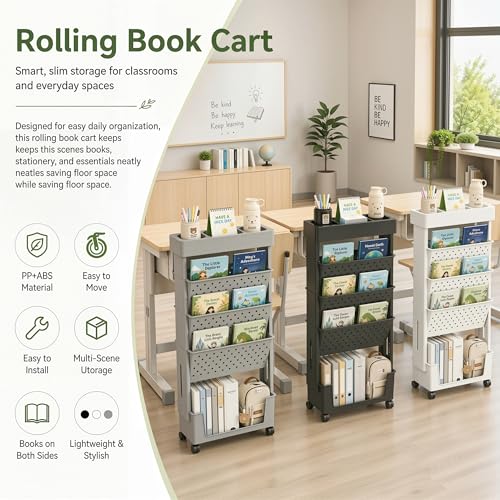 Image of BYFU 5-Tier Movable Bookshelf Cart, Rolling File Paper Storage Organizer Mobile Bookcase with Wheels for Home Office Study Classroom, Black