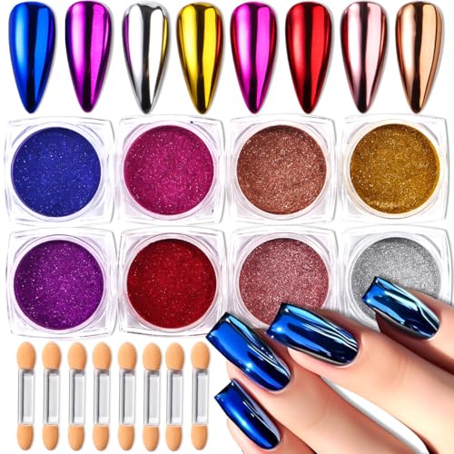 8 Jars Chrome Nail Powder Metallic Mirror Effect Pigment Holograp...