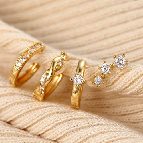 Small Gold Hoops Earrings for Women Trendy Gold Earring Set, 14K Gold Plated Hypoallergenic Huggie Earrings Lightweight Stud Earrings for Women, Twisted CZ Cartilage Earings 4 Pairs4
