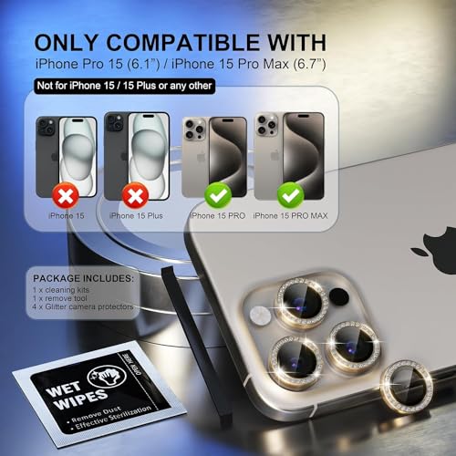 Image of inchiPhone 15 Pro / 15 Pro Max Camera Lens Protector Ring - Premium 9H Tempered Glass Lens Guard, Anti-Scratch, Anti-Drop, HD Clear Camera Lens Cover for Ultimate Protection and Durability inch Diamond gold