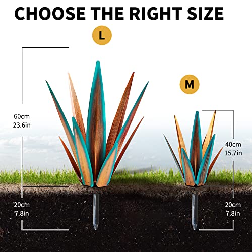 Image of KODIBO 24 inch Metal Agave Plant Outdoor Decor, Large Garden Sculpture, Blue | Rust-Resistant Finish, Hand-Painted Metal, Tequila Rustic Sculpture, Desert Steel Yard Art, Southwestern Outdoor Garden Decor