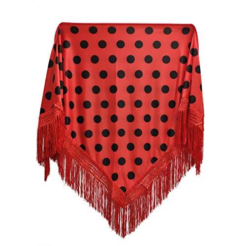 MUNDDY® - Manton con Lunares Para Adulto. Mantones Flamenco Sevillana.Mantón para fiesta de Color Rojo Negro Rosa Blanco Azul. Envio desde madrid con seguimiento. (Rojo-negro(lunar grande)) Cover