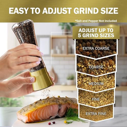 Image of Home EC Original Gold Salt and Pepper Grinder Set of 2 - Adjustable Ceramic Grinder - Tall Glass Salt and Pepper Shakers With Funnel and Ebook - Kitchen Spice Mill - Gold Kitchen Accessories