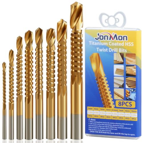 JONMON 8 Pack Titanium Coated HSS Twist Drill Bits - 3-10mm Serrated Drilling Grooving Side Cutting Drill Bit, Woodworking Hole Enlarging Tools for Wood, Plastic, Aluminum, Thin Metal