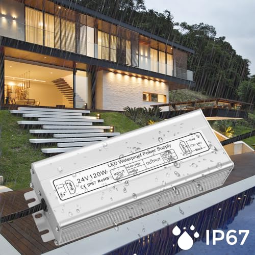 Image of LED Driver 120W 24V Power Supply, IP67 Waterproof Low Voltage Transformer, AC 80-265V to DC 24V 5A Converter with 3-Prong Plug 3.3 Feet Cable for Outdoor LED Lights, Industrial, Computer