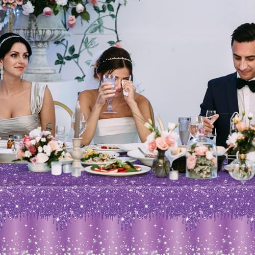 Image of Ganeen 3 Pcs Purple Tablecloths Glitter Sparkling Disposable Plastic Table Cover Sequin Printed Rectangle Tablecloths for Girl Women Birthday Wedding Party Decor Supplies, 54 x 108 Inch