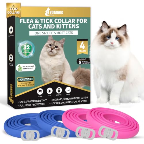 4 Pack Flea Collar for Cats 32 Months Flea and Tick Prevention for Cat Waterproof & Natural Cat Flea and Tick Treatment Adjustable for Cats Kittens(Blue&Pink)