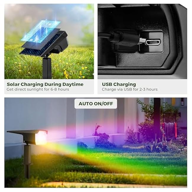 Kingsyard Solar Lights Outdoor Waterproof IP68, 47 LEDs 3 Lighting Modes USB & Solar Powered Garden Yard Pathway Spot Lights for Outside Landscape, Auto On/Off, 4 Pack(Cool White)