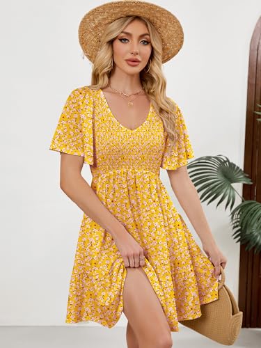 Image of UEAL Womens Cute Floral Smocked V Neck Flutter Sleeve Sundress with Pockets Casual Spring Summer Dresses for Women 2026