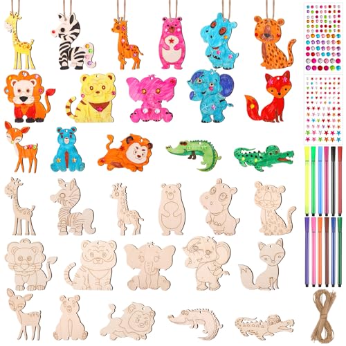 Kaisibum Tiere Holz Bastelsets für Kinder,32 Stück Bastelset Kindergeburtstag, Holz Tier Bastelset Kit Holzanhänger zum Bemalen mit Aquarellstift Edelsteinaufkleber für Jungen Mädchen