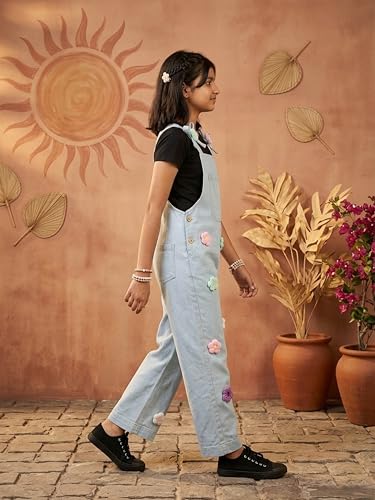 Image of KiddoPanti Girls Denim Dungaree Pant | Cotton Blend Stretch Jumpsuit | Single Front Pocket | Stylish Casual Kids Dungaree | Comfortable Everyday Wear 1-14 Years