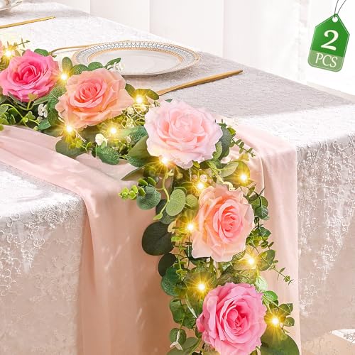 Livole 2Pcs 6.5 FT Artificial Flower Garlands with Fairy Light, Pink Fake Silk Rose Eucalyptus Hanging Vine for Wedding Table Centerpieces Party Arch Ceremony Garlands Backdrop Decor