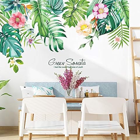 DIY Green Plants Leaves Tropical Flower Wall Decal, VASZOLA Removable Watercolor Plant Leaf Wall Sticker Home Nursery Decor Art Murals Paper Decoration for Bedroom Living Room Office Bathroom Cover
