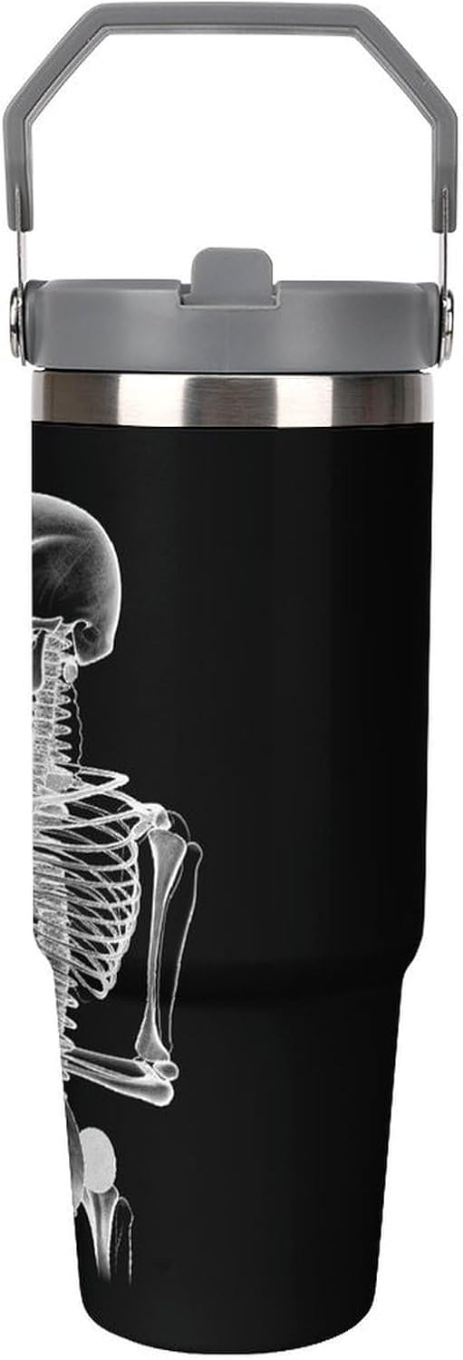 Abstract X-ray Skull Skeleton Playing Guitar Water Bottle 30 Oz Fits Car Cup Holder,Insulated Coffee Mug Large Capacity Car Cups ,Stainless Steel Double Wall Sport Bottle for Travel Sports Gym